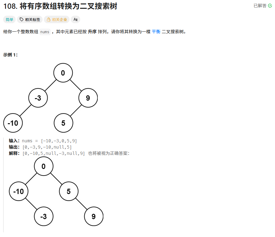 将有序数组转换为二叉搜索树题目
