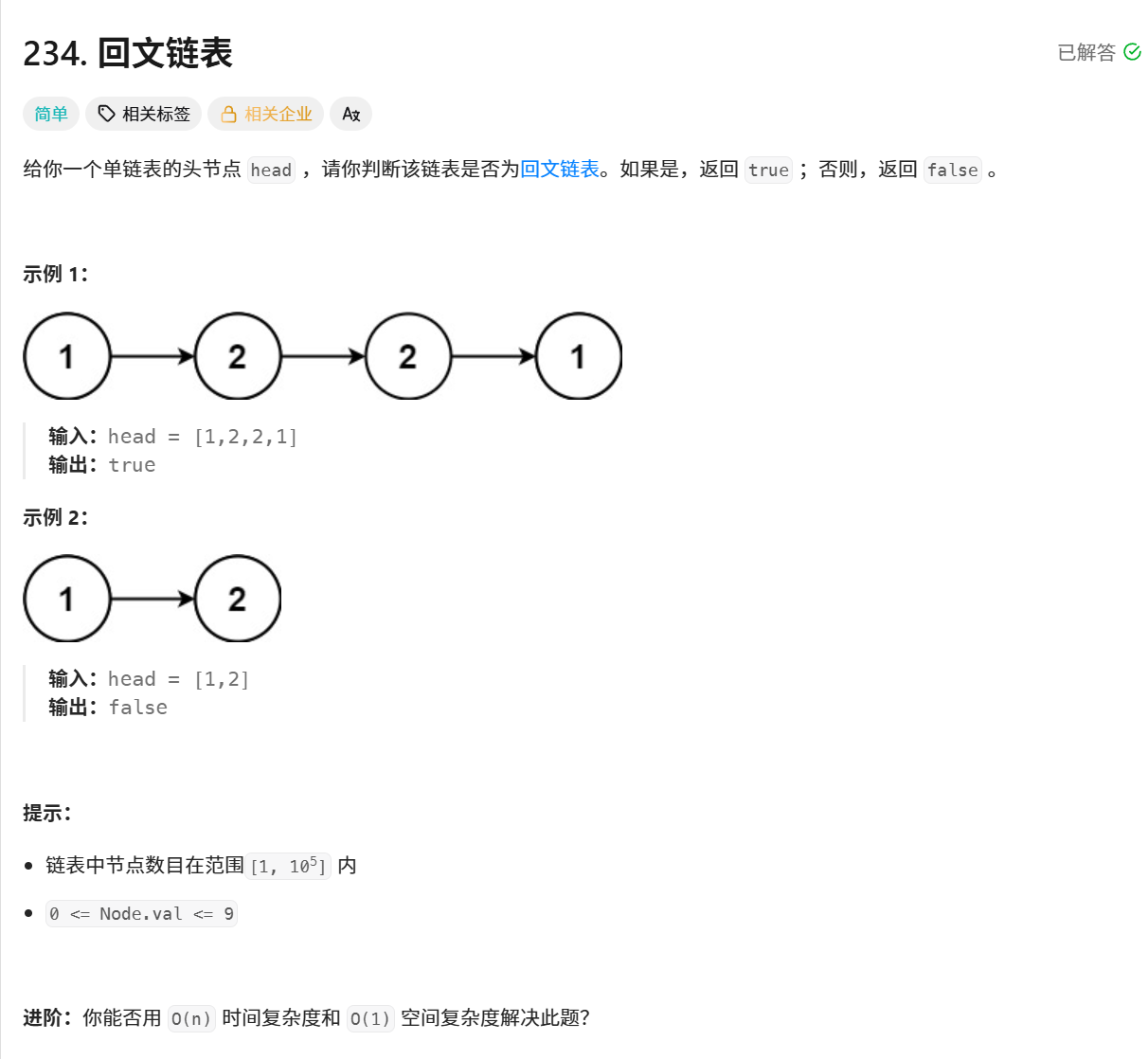 回文链表题目